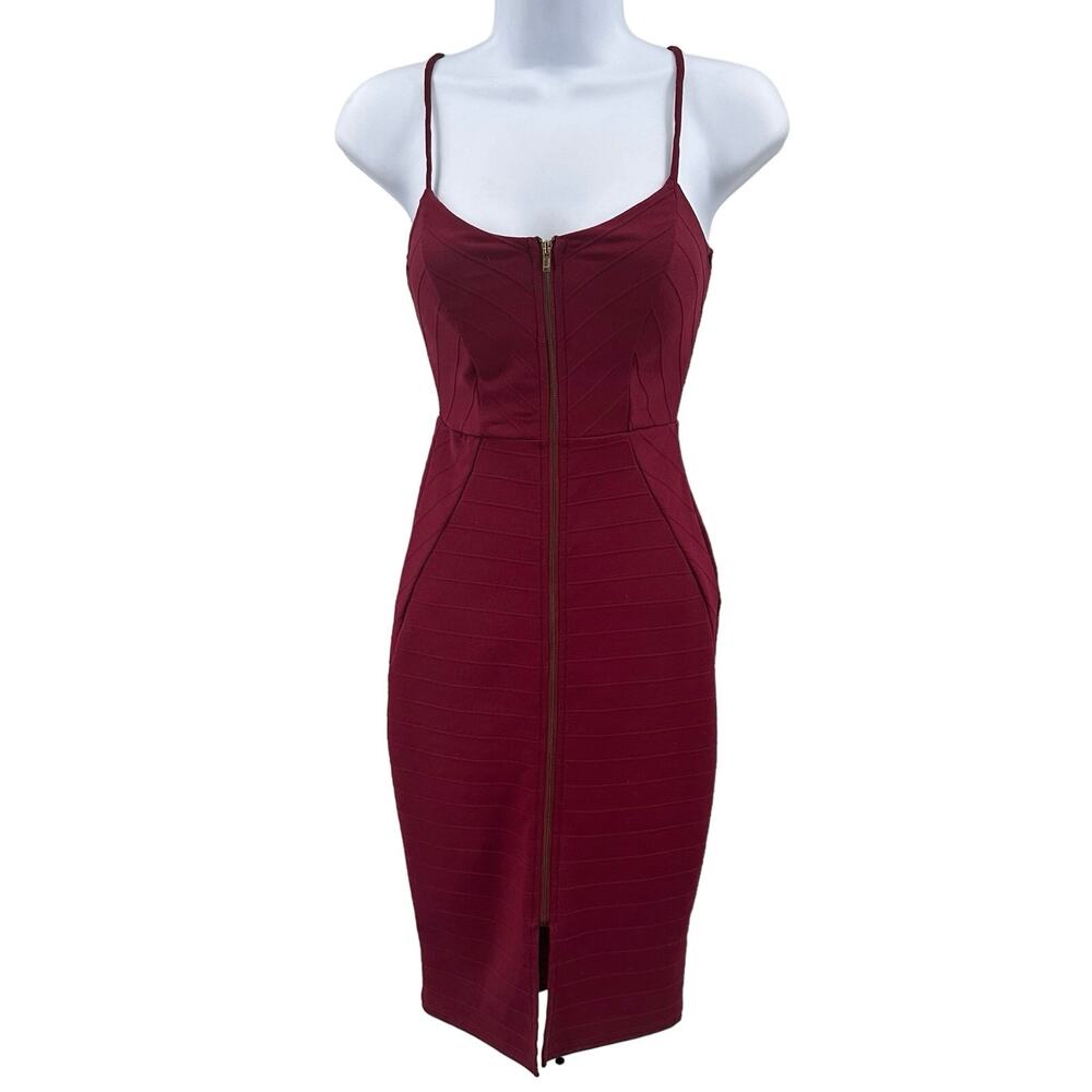 Charlotte Russe Maroon Midi Dress Womens XS Sleeveless Zip Front Bodycon Strappy